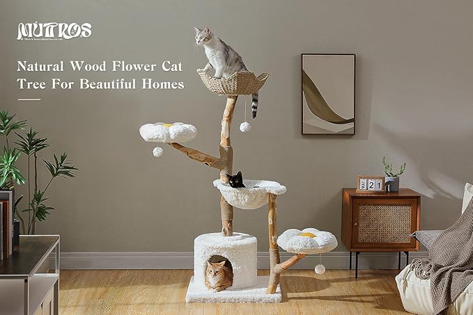 59" Modern Cat Tree Tower for Large Cats w/2 Flower Perches-Natural Solid Wood Scratching Post with Real Branch-Luxury Boho Cat Furniture w/Condo & Wicker Basket Bed, Cloud White-PurrikoPets