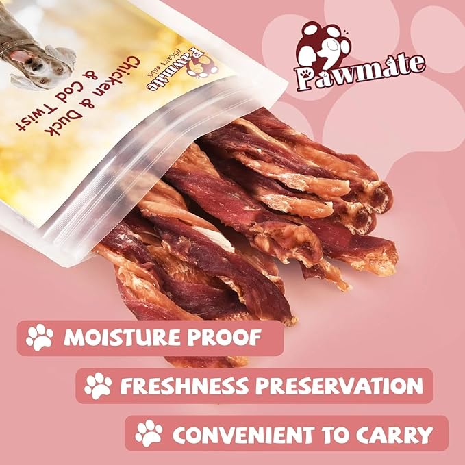 Dog Jerky Treats Triple Flavor Chicken Duck Wrapped Cod Twisted Sticks 5'', Rawhide Free Grain Free Dog Training Snacks Chews for Small Medium Large Dogs, 10.6 oz-PurrikoPets