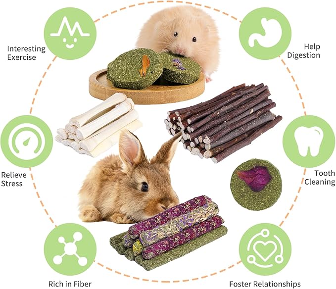 50-60 Pcs Rabbit Chew Toys, Guinea Pig, Hamster, Bunny Chew Toys, Sweet Bamboo, Apple Stick, Timothy Stick, Prevent Teeth Overgrowth, Clean Teeth-PurrikoPets