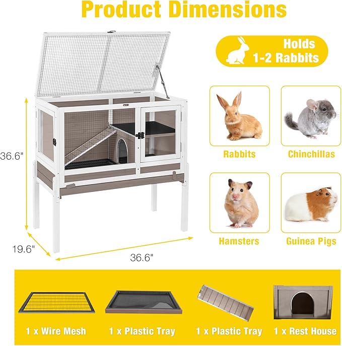 Aivituvin 2-Story Rabbit Hutch with Anti-Chew Ramp & Zinc Sheet - 36.6" Indoor Guinea Pig Cage, Wooden Stand, Pull-Out Tray & Leakproof Floor (Brown)-PurrikoPets