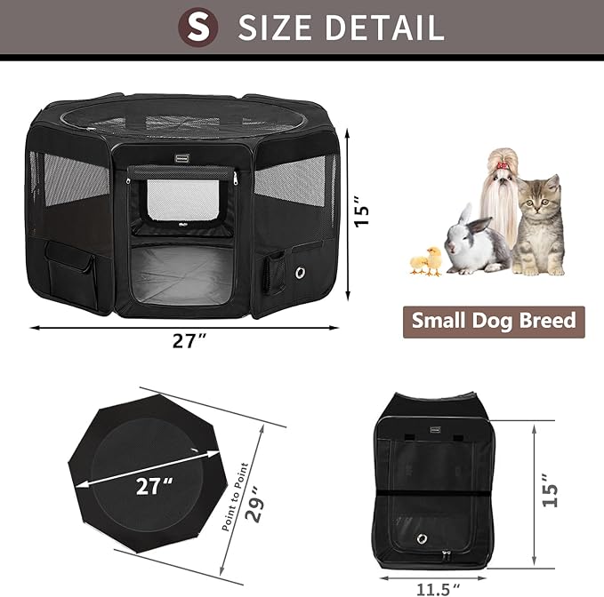 DONORO Dog Playpen Portable Pet Play Pens for Small Dog/Cat/Rabbit/Chicks, Cat Playpen Indoor/Outdoor with Carring Case, Removable Zipper Top and Bottom (Black, Small (29"x29"x15"), 8)-PurrikoPets