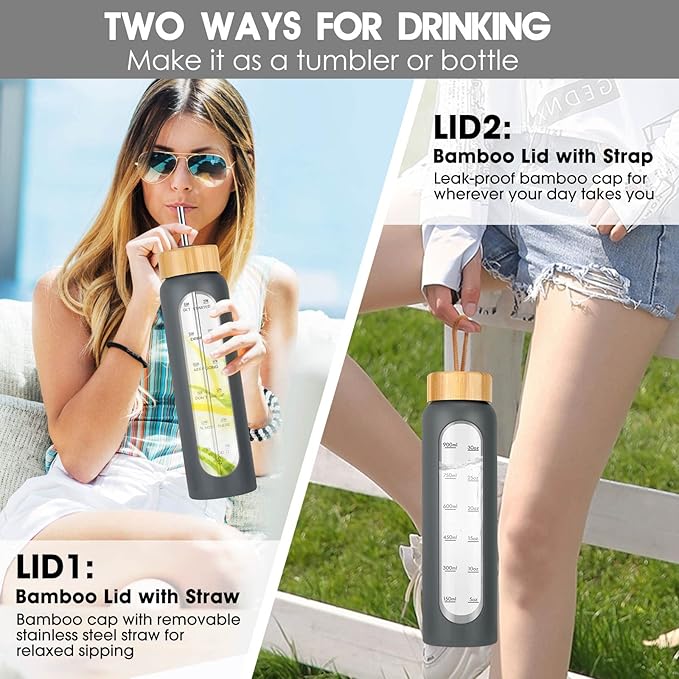 32 oz Glass Water Bottle with Straw - Motivational Time Marker & Silicone Sleeve - Reusable Tumbler Includes 2 Bamboo Lids & Fruit Infuser - 1 Pack-PurrikoPets