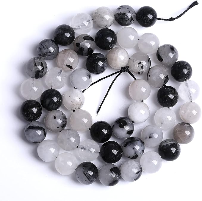 12MM 30PCS Natural Crystal Stone Black Rutile Quartz Gemstone 2A Grade Loose Beads for Jewelry Making DIY Bracelet Necklace Semi Precious Beads 1 Strand