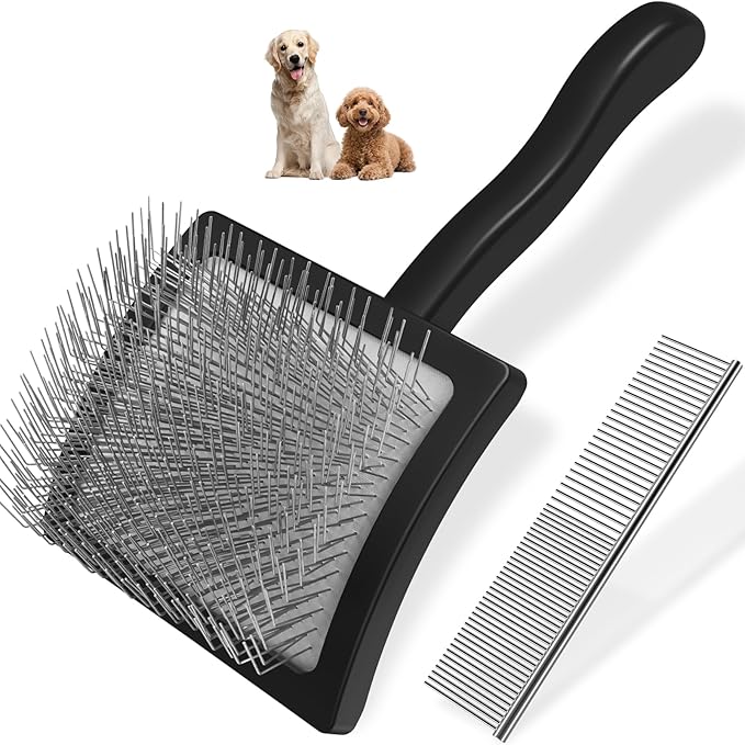 2PCS Slicker Brush for Dogs & Pet Comb,Professional Dog Grooming Brush (Goldendoodles,Poodles,Labradoodles) with Extra Long Pins to Effectively Remove Tangles, Knots and Mats (Black)-PurrikoPets