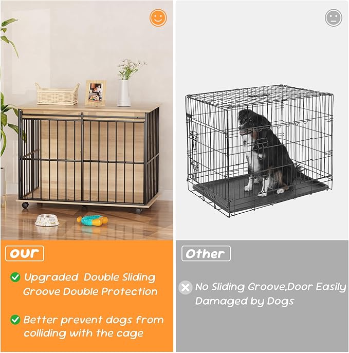 43.7" Dog Crate Furniture, XL Dog Crate Dog Kennel Indoor with Wheels for Large Medium Small Dogs, Wooden Dog Kennel End Table with Sliding Door Wooden Furniture Crates for Living Room, Bedroom-PurrikoPets