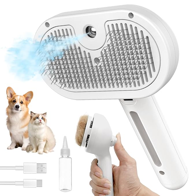 3 In 1 Self Cleaning Steamy Pet Brush - Anti-Static, Grooming Tool for Long and Short Hair Pets, Removes Loose Hair and Reduces Shedding, White-PurrikoPets
