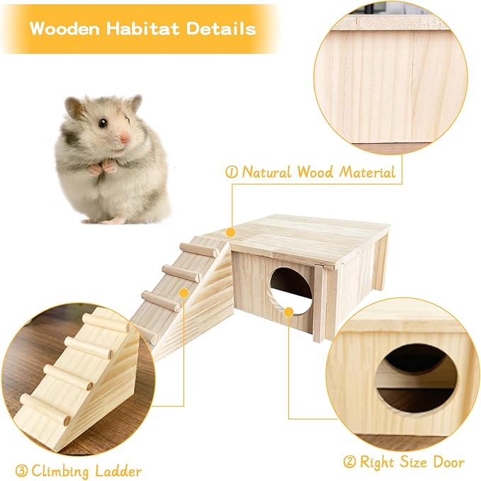 Fhiny Wooden Hamster Hideout for Small Animal, Gerbils Chamber Hut with Ladder Habitats Decor, Maze Climbing Toys for Dwarf Syrian Hamsters Mice and Other Small Pets-PurrikoPets