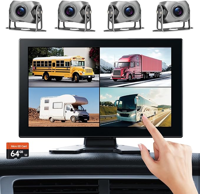 4-Channel 1080P Backup Camera for Truck/RV/Semi Trailer/Van/Cars 10.2inch Touch Monitor with DVR Recording/Playback/Bluetooth/FM Radio/Music/Video Player-PurrikoPets