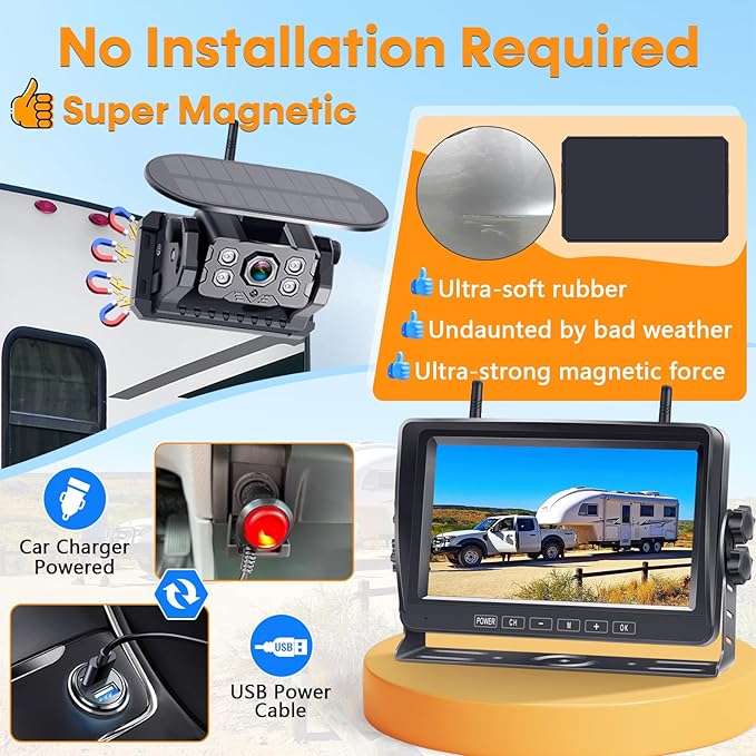 Dual RV Backup Camera Wireless with Magnetic - Recording 1080P HD Solar Rear View Camera Install-Free 7 Inch Touch Button Monitor No-Delay Signal for Truck Trailer YWD-902-PurrikoPets