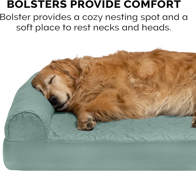 Furhaven Cooling Gel Dog Bed for Large Dogs w/ Removable Bolsters & Washable Cover, For Dogs Up to 95 lbs - Pinsonic Quilted Paw L Shaped Chaise - Iceberg Green, Jumbo/XL-PurrikoPets