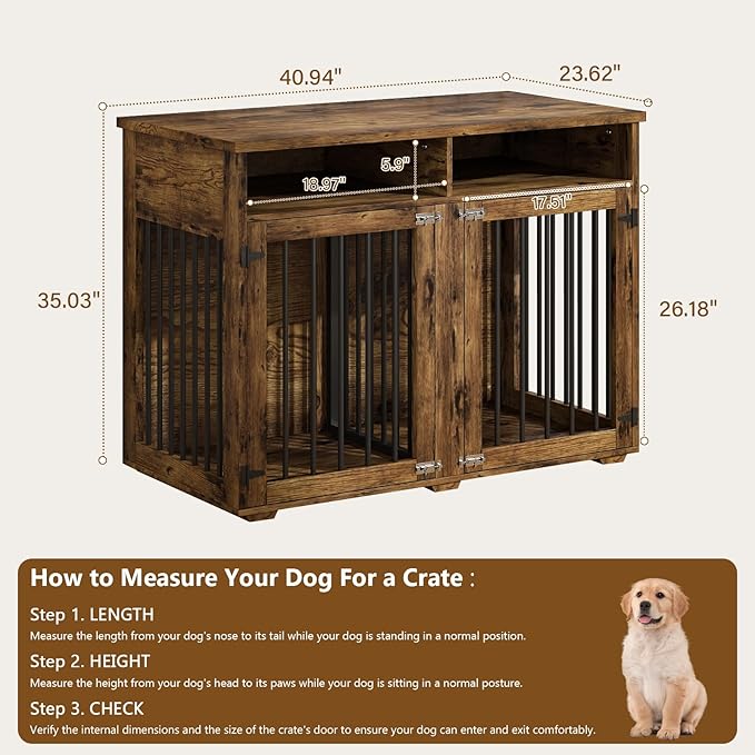 Furniture Dog Crate for 2 Dogs, 41 Inch Dog Kennel Furniture with Removable Divider and Shelf Storage, Wooden Dog Crate for Small/Medium Dogs, Rustic Brown-PurrikoPets