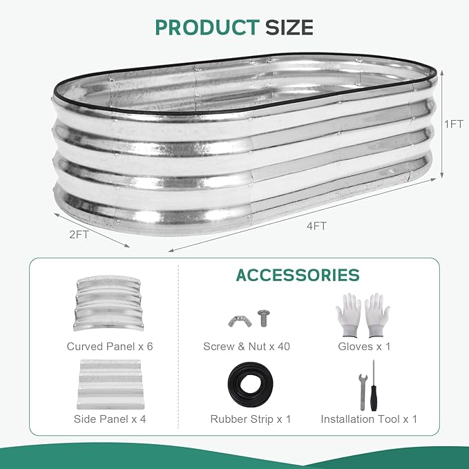 Galvanized Raised Garden Bed - 4×2×1ft (2 Packs) Planter Raised Beds for Gardening | Oval Metal Garden Planter Box with Safety Edging and Gloves for Vegetables Fruits and Flower - Silver-PurrikoPets