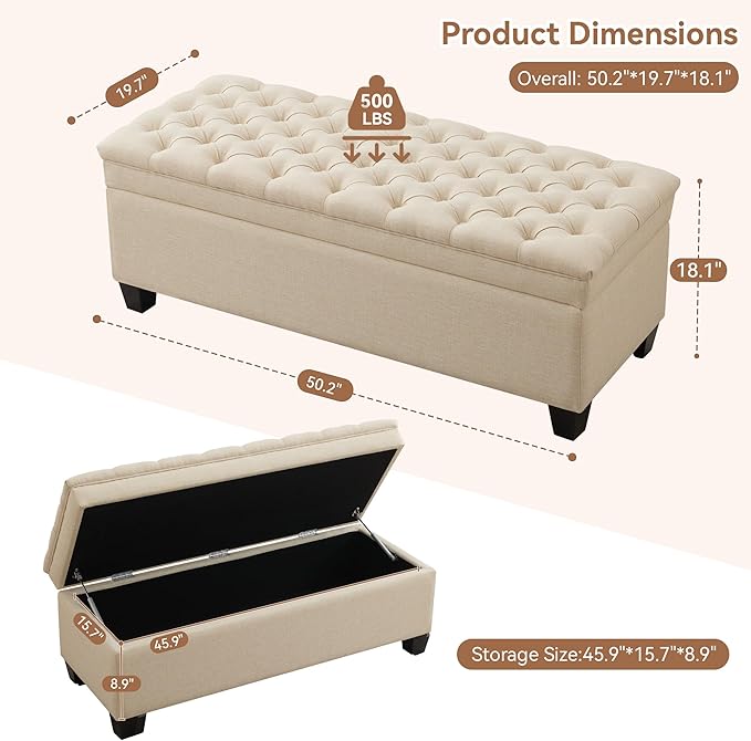 51" Fabric Storage Ottoman Bench, Upholstered Rectangle End of Bed Storage Ottoman Tufted Living Room Bedroom Bench with Safety Hinge, Solid Wood Legs, Loads 500 lb(Khaki)-PurrikoPets