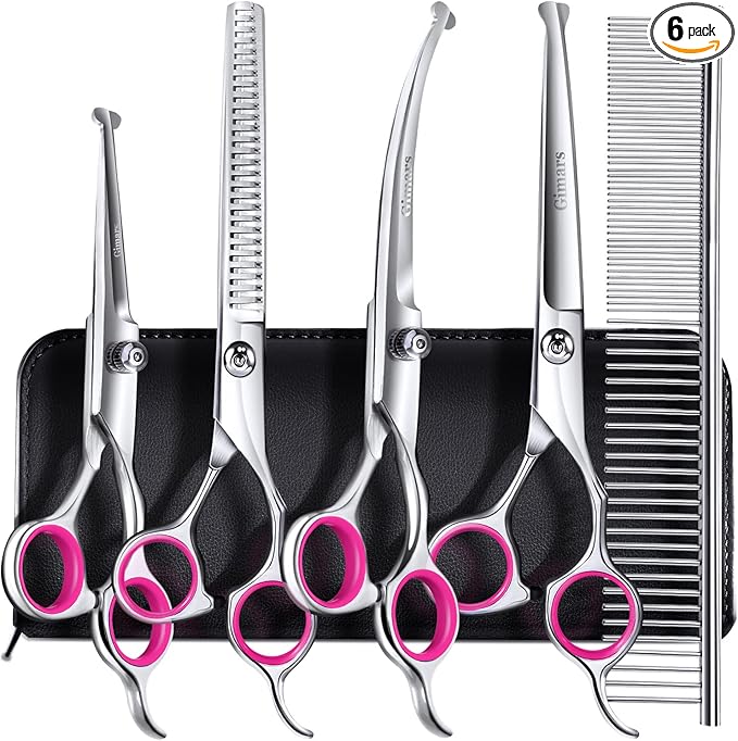 Gimars Professional 4CR Stainless Steel 6 in 1 Grooming Scissors for Dogs with Safety Round Tip, Heavy Duty Titanium Coated Pet Grooming Scissor for Dogs, Cats and Other Animals-PurrikoPets