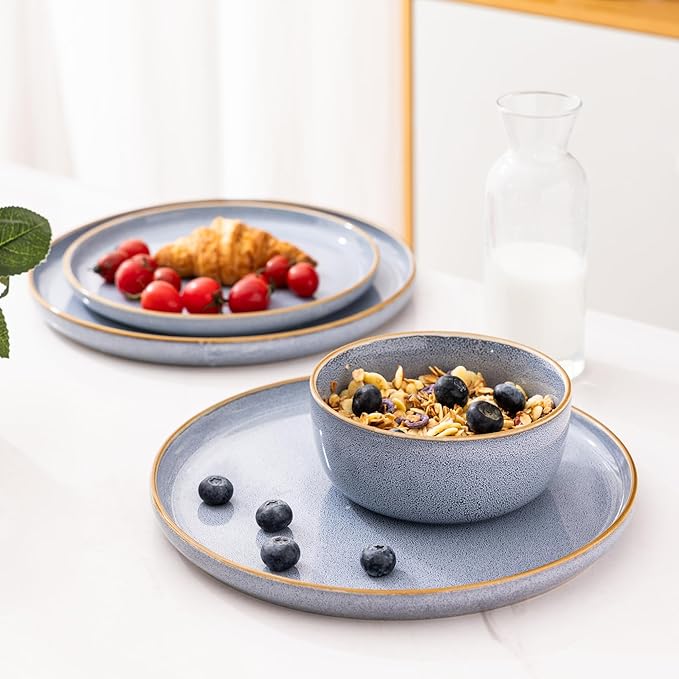 GBHOME Ceramic Dinnerware Sets for 8, 24 Pieces Stoneware Plates and Bowls Sets, Scratch Resistant Dishes, Dishwasher & Microwave Safe, Reactive Glaze-Brunnera Blue-PurrikoPets