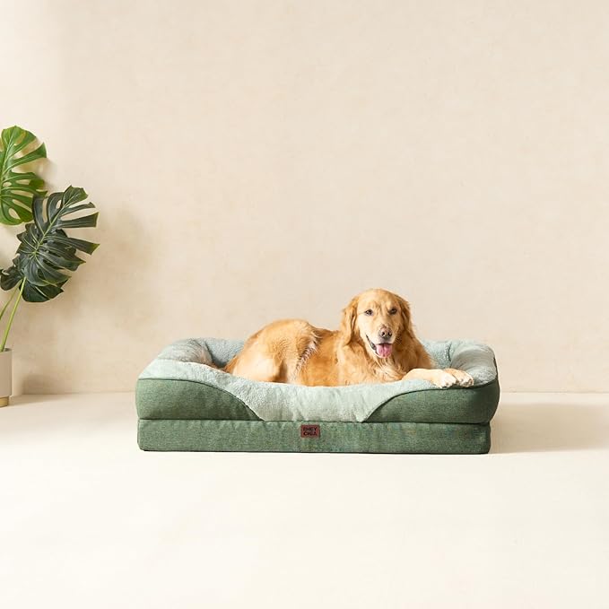 EHEYCIGA Memory Foam XXL Dog Bed for XLarge Sized, Extra Large Orthopedic Dog Sofa with Sides and Waterproof Liner, Washable Bolster Pet Couch with Removable Cover, 52x41x8 Inch, Green-PurrikoPets