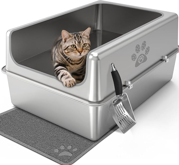 Enclosed Stainless Steel Cat Litter Box with Lid, Oversize Metal Litter Box for Multi Cats, XXXL Supersize Cat Toilet with High Side, Non-Stick, Anti-Leakage, Odorless, with Litter Mat & Litter Scoop-PurrikoPets