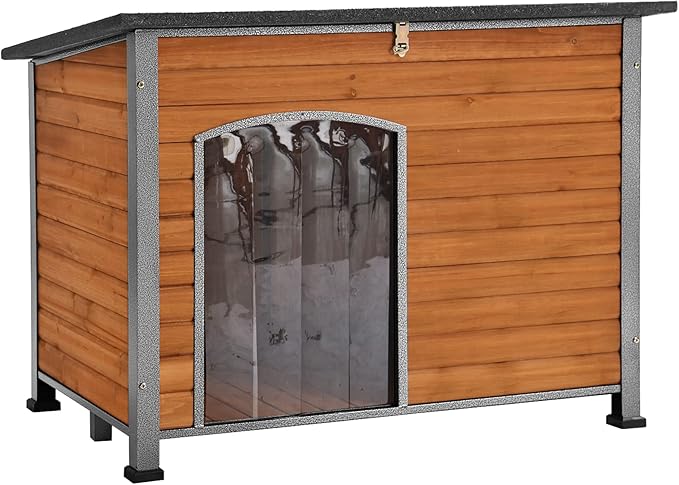Aivituvin Dog House Outdoor & Indoor Wooden Dog Kennel for Winter with Raised Feet Weatherproof for Small & Medium & Large Dogs,Unique All-Around Iron Frame…-PurrikoPets