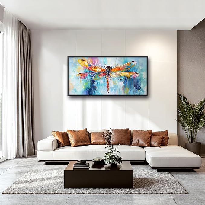Extra Large Abstract Dragonfly Framed Wall Art for Living Room,Oversized Colorful Dragonfly Pictures Wall Decor,Teal Canvas Print Painting Modern Artwork Bedroom Office Bathroom 60L" x 30W"-PurrikoPets