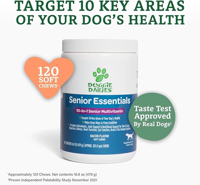 Doggie Dailies Senior Essentials Multivitamin for Dogs Soft Chews | Advanced Dog Multivitamin | Nutritional Support for Joints, Skin & Coat, Digestion, and the Immune System | Bacon Flavor | 120 Count-PurrikoPets