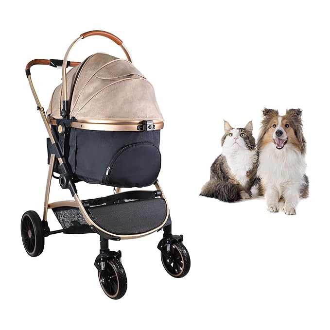 Dog Stroller for Small Medium Dogs, 3 in 1 Folding Pet Stroller Up to 33 lbs, 4 Wheels Pet Strolling Cart with Zipperless Entry, Cat Dog Travel Carrier with Cup Holder & Storage Basket-PurrikoPets