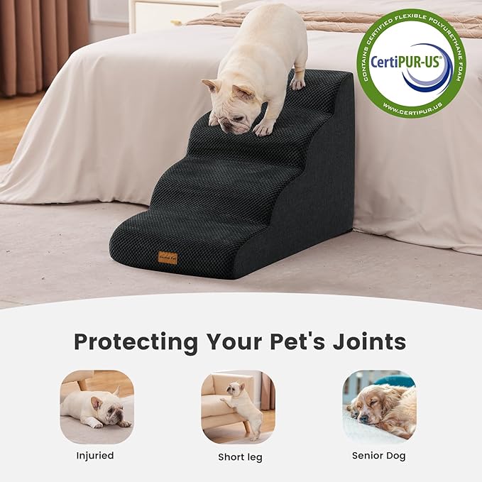 Gardner Pet Dog Stairs for Small Dogs 19.7" H, 4-Step Black Curved Pet Stairs, Dog Steps for High Bed (18-24 in), Couch with Durable Non-Slip Waterproof Fabric Cover and CertiPUR-US Certified Foam-PurrikoPets