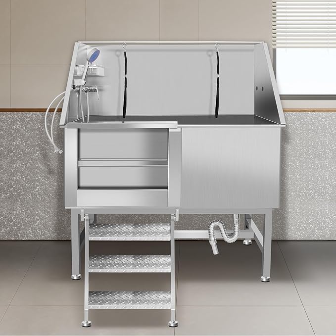50" Pet Dog Bathing Station W/Ramp, Professional Stainless Steel Dog Grooming Tub W/Storage Drawer, Floor Grate, Faucet, Dog Bathtub For Large,Medium, Small Pets, Washing Sink For Home (50"Left ramp)-PurrikoPets
