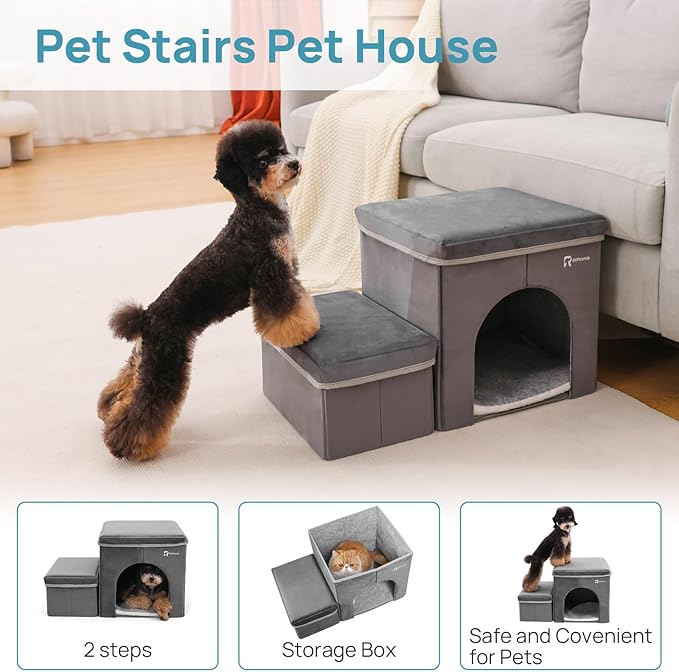 Foldable Pet Stairs for Beds & Sofas - Non-Slip Dog Steps with Storage for Small to Medium Dogs & Cats, Supports up to 120 lbs - Durable 2 & 3-Step Doggie Ladder for Easy Access-PurrikoPets