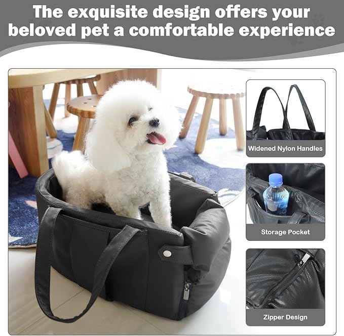 2 and 1 Center Console Dog Car Seat & Carrier for Small Dogs, Large Leather Dog Car Bed with Storage Pocket, Waterproof PVC Leather Seat Travel Bed for Front & Back Seat, Clip-On Safety Leash-PurrikoPets