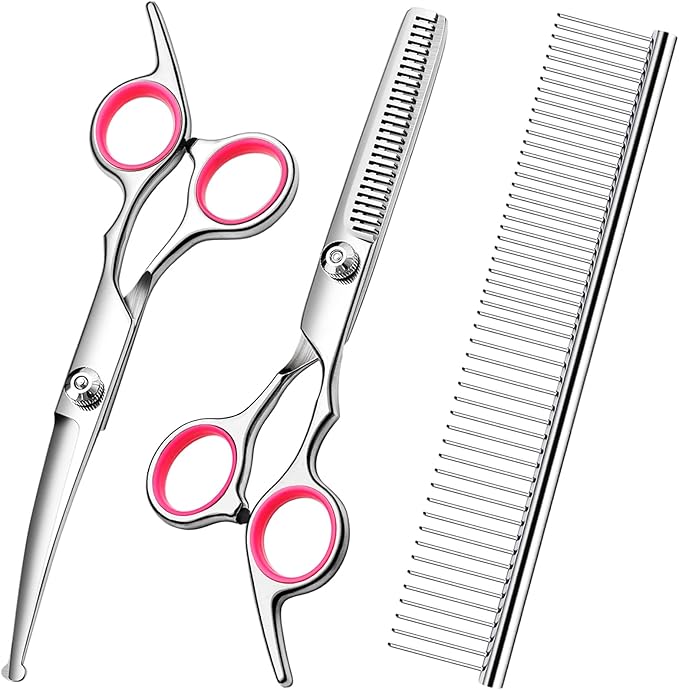 Dog Grooming Kit with Safety Round Tips Stainless Steel Professional Dog Shears Set - Thinning, Curved Scissors and Comb for Cat Pet-PurrikoPets