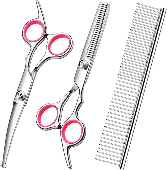 Dog Grooming Kit with Safety Round Tips Stainless Steel Professional Dog Shears Set - Thinning, Curved Scissors and Comb for Cat Pet-PurrikoPets