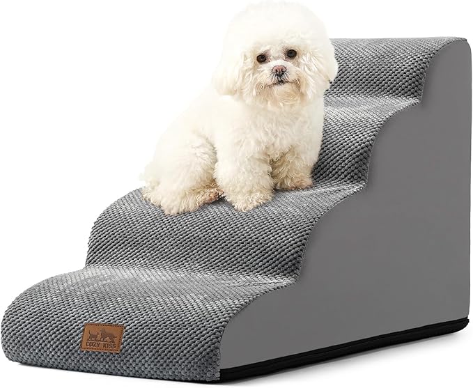Dog Stairs for Small Dogs 19.7" H, Curved Dog Step for Puppy, Older or Cat, Medium Pet Ramp for Sofa, Couch or Bed, Ladder with High Density Foam, 15.7x28.3x19.7 inch, 4 Step, Grey-PurrikoPets
