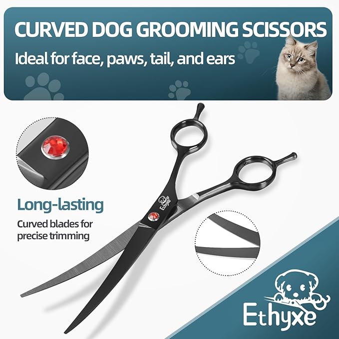 7.0" Professional Dog Grooming Scissors Kit – 3-Piece Set with Straight, Curved & Thinning Shears, Black Japanese Stainless Steel, Includes Grooming Comb for Dogs & Cats-PurrikoPets