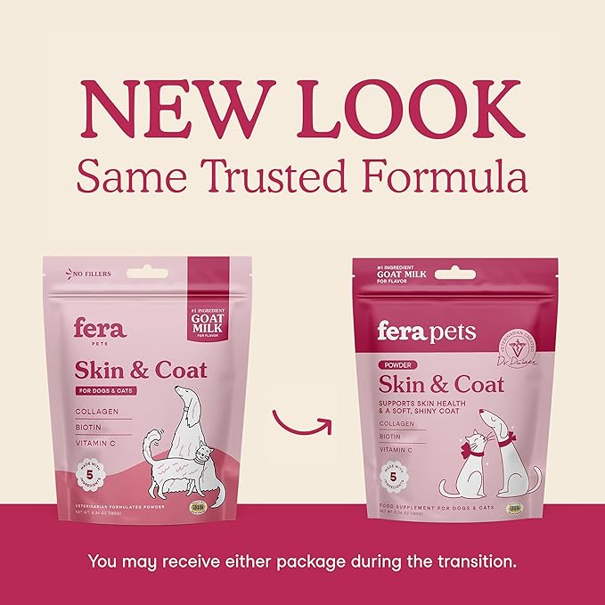 Fera Pets Goat Milk Topper - Cat & Dog Skin and Coat Supplement with Collagen, Biotin & Vitamin C - Helps Maintain Normal Skin Moisture - Promotes a Shiny Coat - for Picky Eaters - 60 TSP-PurrikoPets