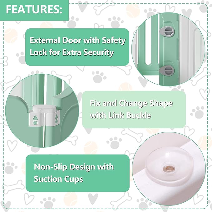 Foldable Dog Play Pen Indoors, Non-Slip Sturdy Puppy Playpen with Door, 25.5" H 10-Panel Adjustable Shape Dog Fence Pen for Small/Medium Dogs, Thickened, Easy to Store, White+Green-PurrikoPets