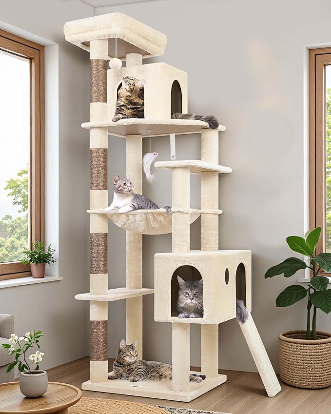 Globlazer Heavy Duty Cat Tree Tower, 70inch Sturdy Cat Tree for Indoor Cats Sturdy Large Cat Tower with Scratching Post and Scratching Board, Hammock, Cat Condo for Adult Cats Kittens, F70 Pro, Beige-PurrikoPets