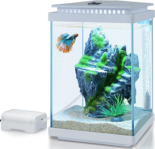 FEDOUR Small Glass Aquarium, 1 Gallon Desktop Fish Tank, Betta Fish Tank, Mini Aquarium Starter Kit with Air Pump LED Light Decoration Water Changer Fish Net (White)-PurrikoPets