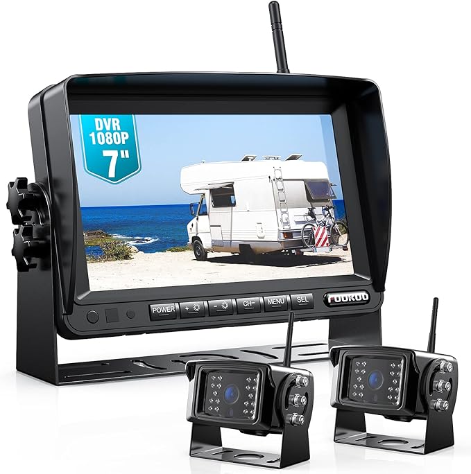 Fookoo 1080P 7" Wireless Backup Camera System, 7" HD Dual/Quad Split Monitor with Recording, IP69 Waterproof Rear View Front View Cameras with Parking Lines, Suits for RV/Truck/Trailer/Van/Bus(DW702)-PurrikoPets