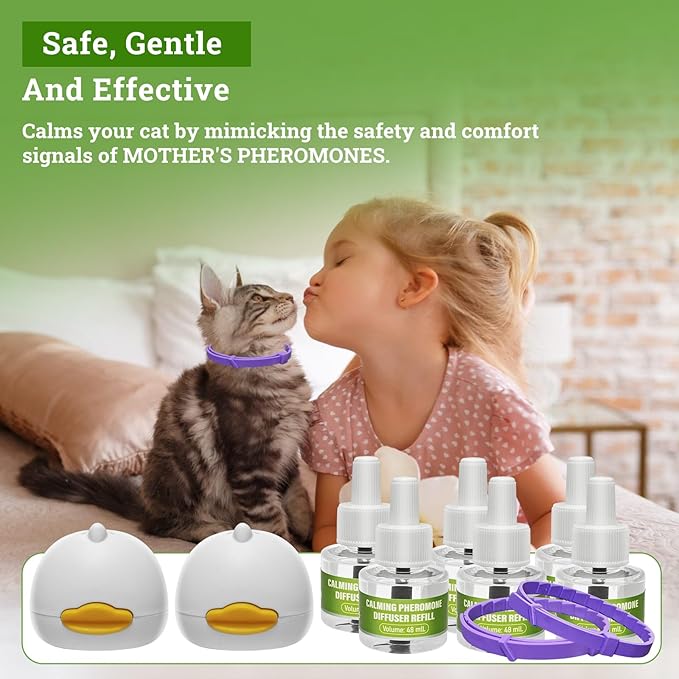 2 Diffusers& 6 Refills +2pcs Calming Collar Cat Calming Diffuser, Plug in Diffuser Cat Pheromone Calming Diffuser Starter Kit Helps Ruduce Anxious, Anti-Stress & Comforts Cats-PurrikoPets