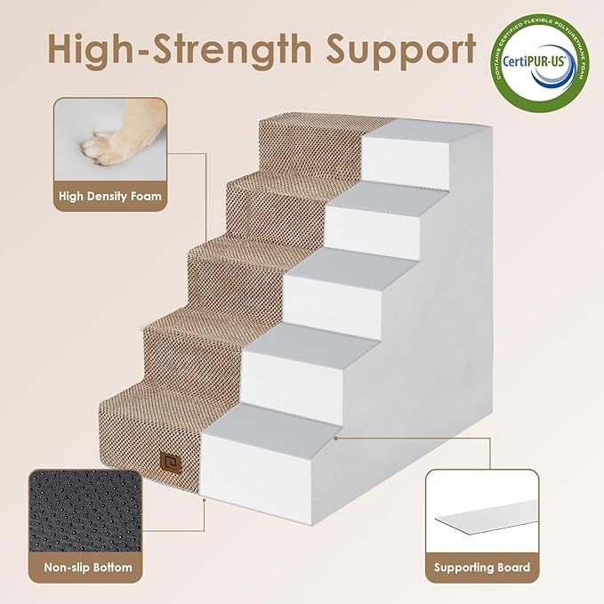 EHEYCIGA Dog Stairs for High Bed 25" H, 5-Step Extra Wide Dog Steps for Bed, Pet Steps for Small Dogs and Cats, Non-Slip Balanced Pet Ramp Indoor, Camel-PurrikoPets