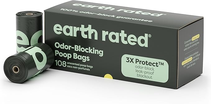 Earth Rated Odor-Blocking Poop Bags for Dogs with 3X Protect, Guaranteed to Block Smells & Leak-Proof Performance, Conceals Smell & Mess, Unscented, 108 Count-PurrikoPets