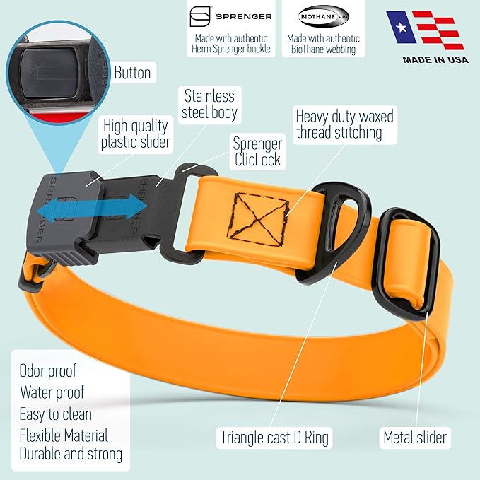 Dogline Biothane Waterproof Dog Collar with Herm Sprenger Stainless Steel Quick Release Buckle – Heavy Duty Tactical Durable Collar for Dogs – Comfortable and Safe Pet Collar, W 1" L 15-25", Tangerine-PurrikoPets
