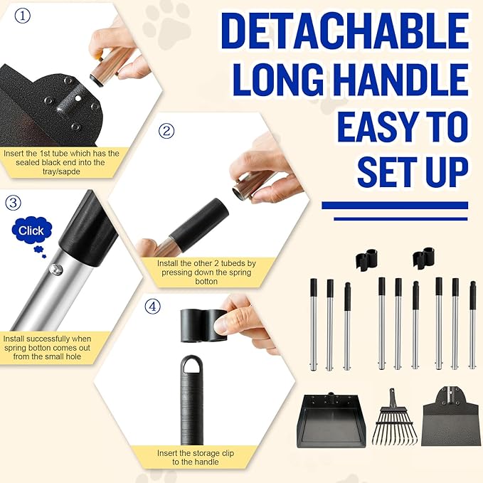 Dog Pooper Scooper, Tray Rake and Spade 3 Pack Poop Scoop Adjustable Long Handle Metal with Bin for Pet Waste Removal, No Bending Clean Up for Large and Small Dogs-PurrikoPets