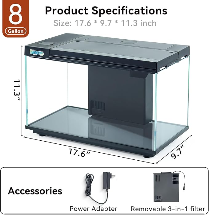 8 Gallon Aquarium Kit Featuring Real-Time Temp Display, Adjustable Flow Pump, Bottom Storage, Multi-Position Filter & 6 Light Modes - Complete Fish Tank Starter for Betta or Goldfish-PurrikoPets