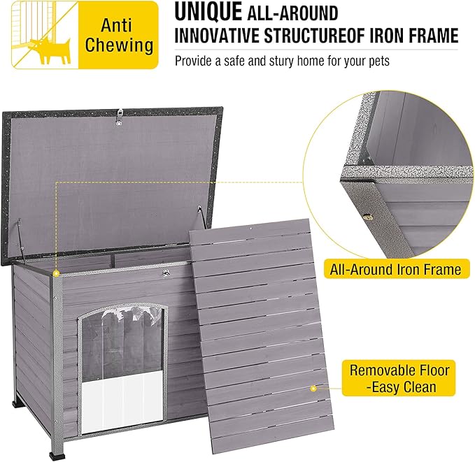 Aivituvin Large Dog House Outdoor Indoor Weatherproof Dog House for Small & Medium & Large Dogs with Unique All-Around Iron Frame＆Raised Feet（Grey）-PurrikoPets