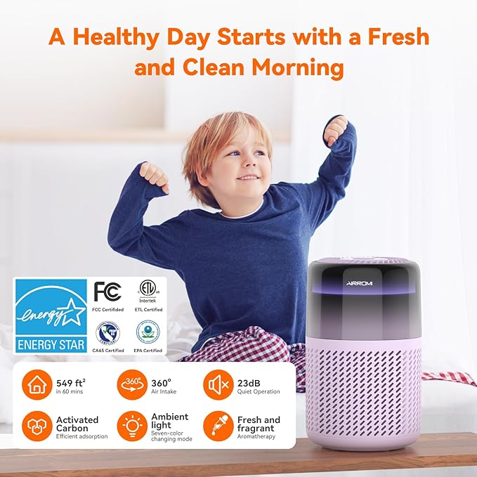 AIRROMI Air Purifier for Bedroom Home,HEPA Filter,Covers Upto 549 Ft²,Quiet 360°intake Air Cleaner with Fragrance ponge for Better Sleep,Night Light,Filters Smoke,Pet Dander,Allergies,Dust,A2005Purple-PurrikoPets