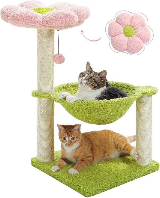 Flower Cat Tree, 28" Cat Tower with Cozy Flower Perch, Large Hammock for Indoor Small Cats, Cute Cat Tree with Sisal Scratching Post and Fur Toy Ball for Kittens, Pink-PurrikoPets