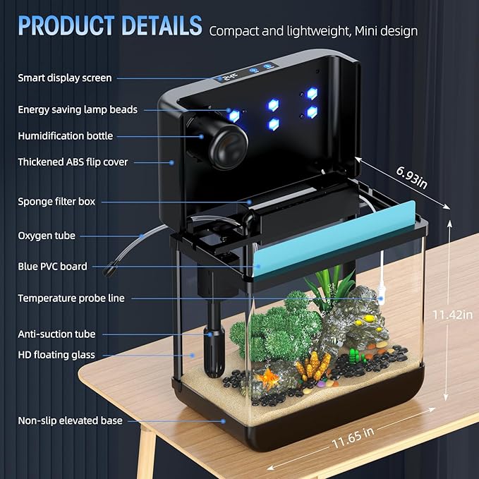 Fish Tank 2.2 Gallon Fish Bowl with Humidifier 7 Color Auto-Looping Light 3 in 1 Quiet Pump with Filteration & Oxygenation & Circulation, Temperature Display, HD Float Glass, Thickened Base-PurrikoPets