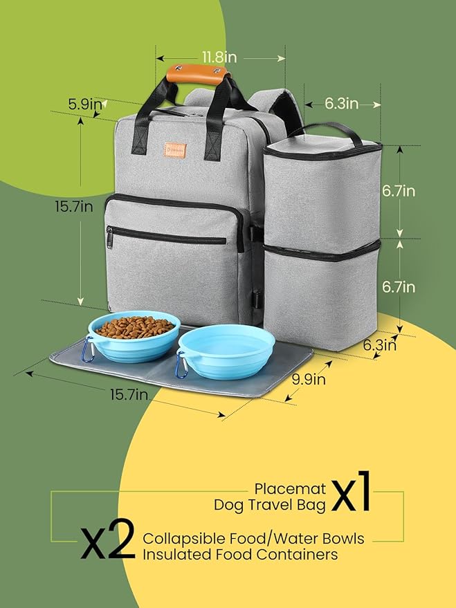 Dog Travel Bag, 25L Airline Approved Dog Travel Backpack for Pet Travel Accessories with 2 Food Storage Containers, 2 Foldable Bowls for Short Trips, Grey-PurrikoPets