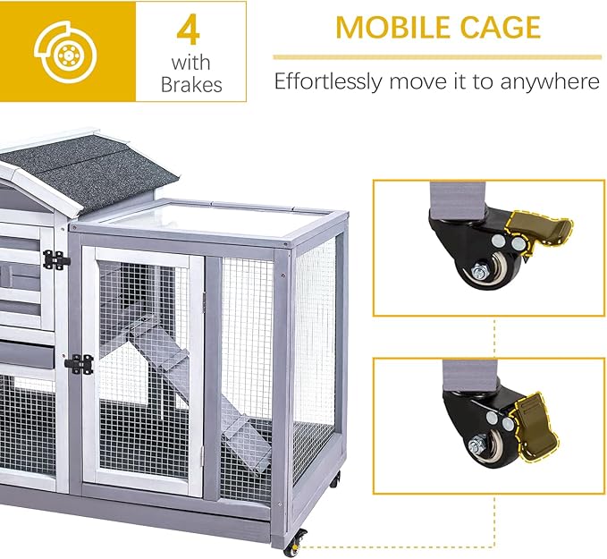 GEGURI Rabbit Hutch Indoor Rabbit Cage Outdoor, Wooden Bunny Cages for Guinea Pig with Wheels, Removable Tray, Ramp-PurrikoPets